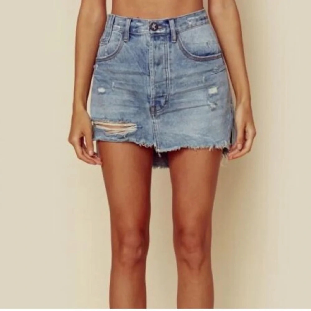 One Teaspoon Vanguard Distressed Bottom Fly Denim Mini Skirt